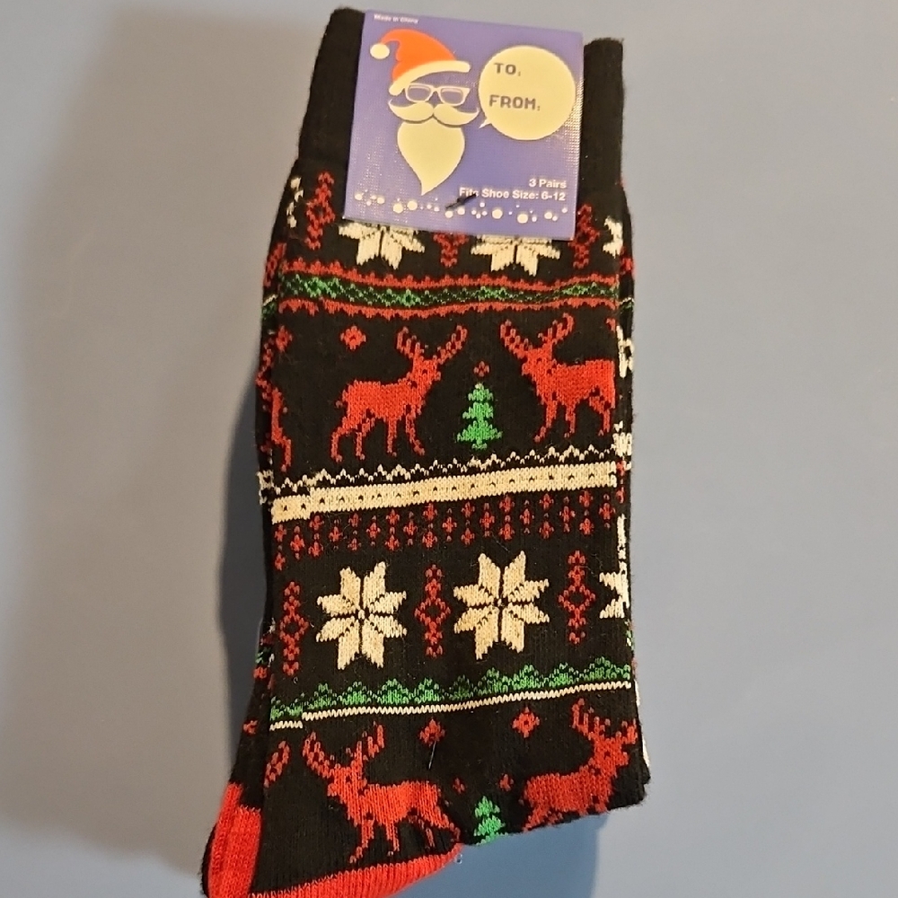 CHRISTMAS CREW SOCKS 3 PAIR PACK: MENS SHOE SIZE 6-12: NEW